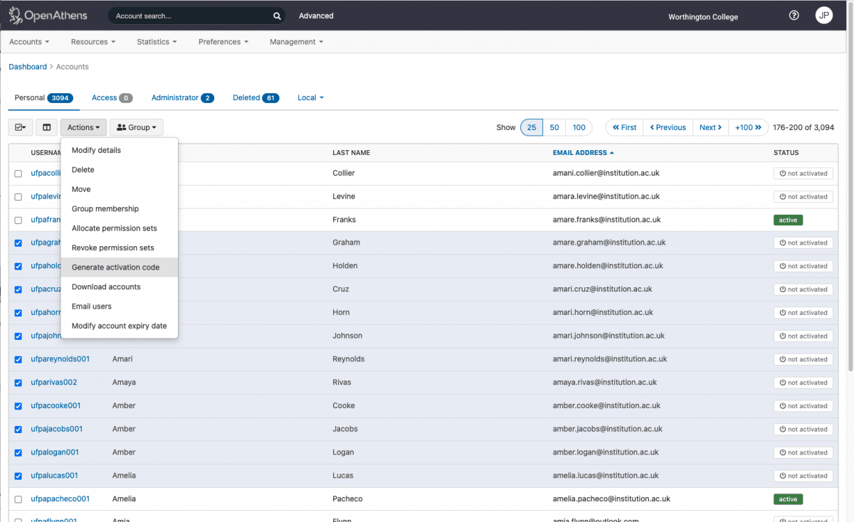 Screenshot of account management in OpenAthens