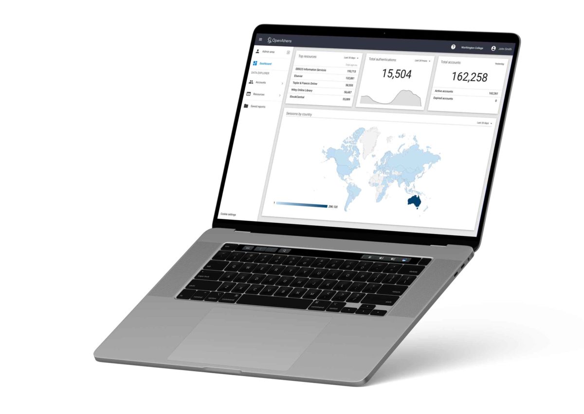 Laptop with OpenAthens product displaying reporting functionality