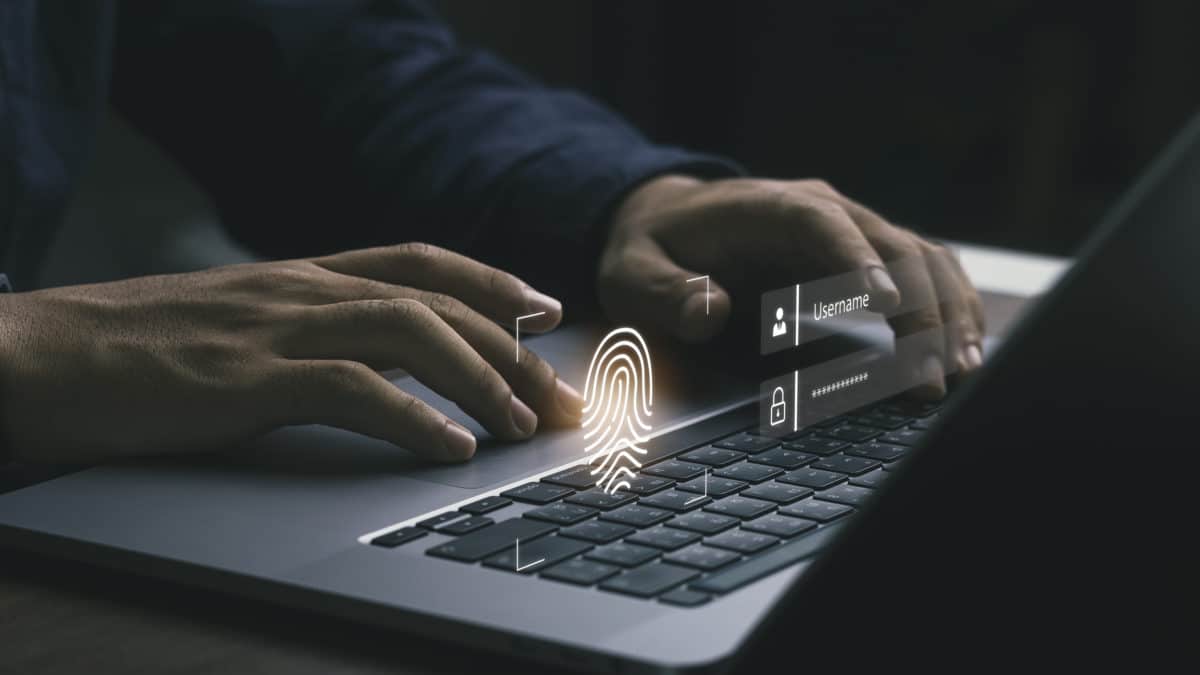 Privacy changes. The user is logging in using their fingerprint. secure internet access concept Data protection and cyber security