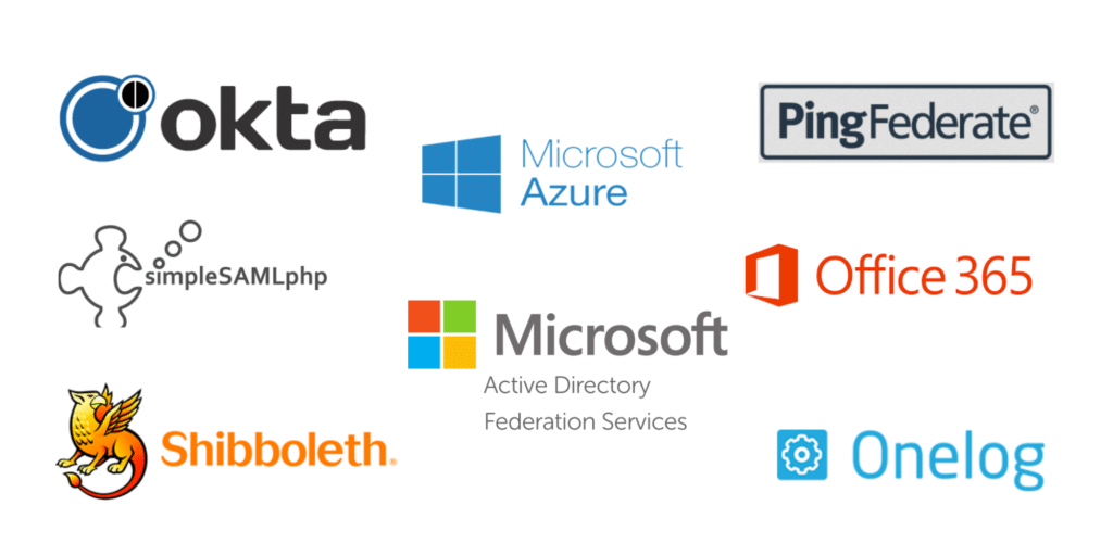 The logos from a collection of applications we work with including: Okta, Ping Federate, Azure, Simple SAML, Office 365, Shibboleth, Onelog 
