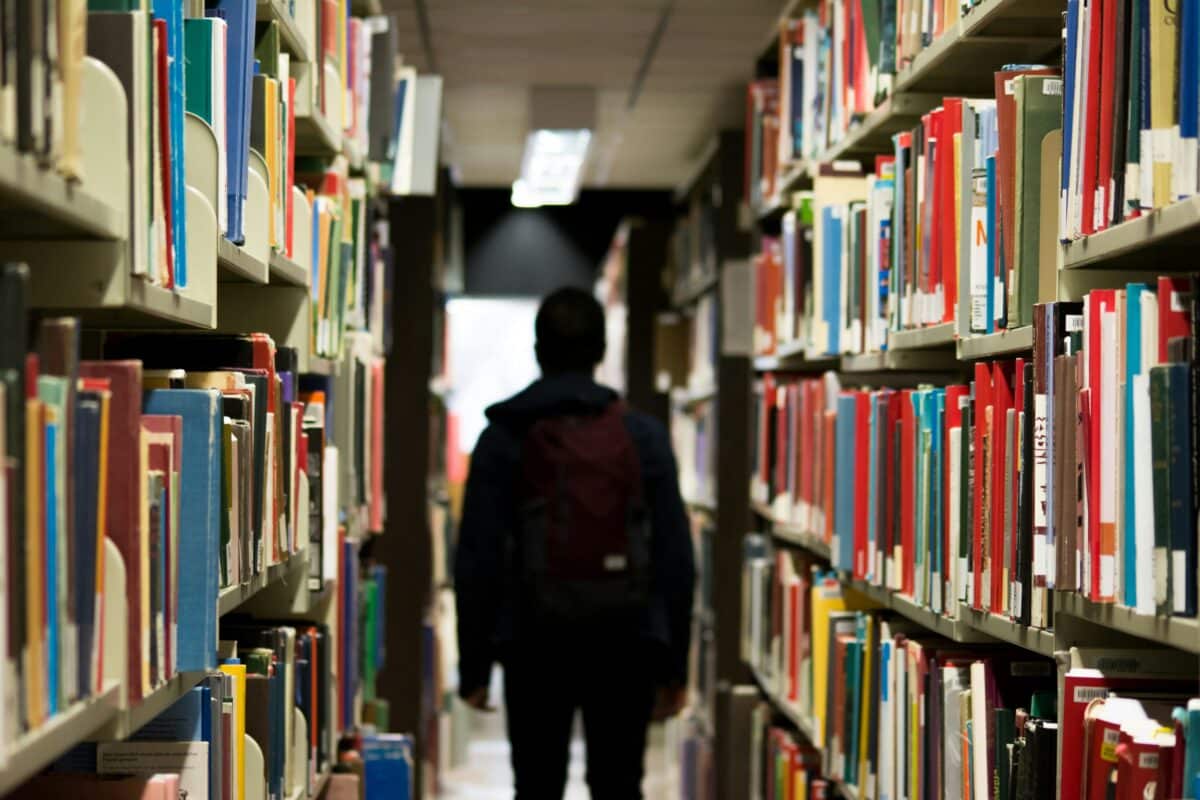 walking through a library